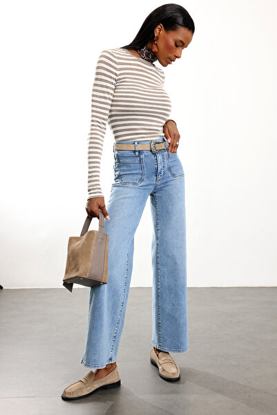 5in1Canpolat Blue Pocket Detailed Palazzo Jeans