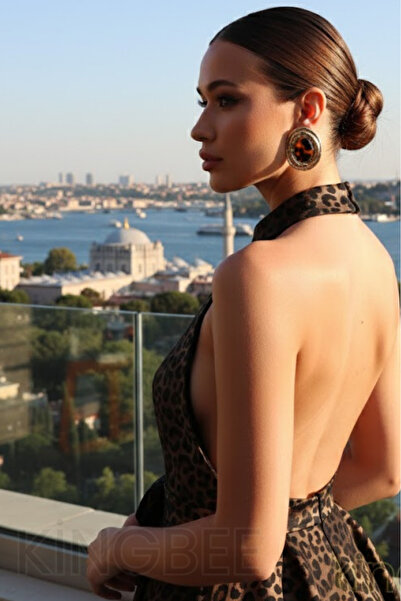 King Bee Gold Dövme Dokulu Leopar Desenli Modern Dizayn Büyük Küpe - Abiye ve...