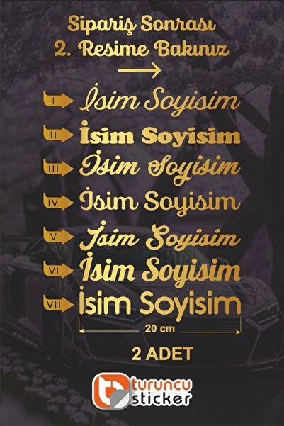 Turuncu Sticker Kişiye Özel İsim Soy İsim Sticker Etiket 20 cm – Araç – Motor...