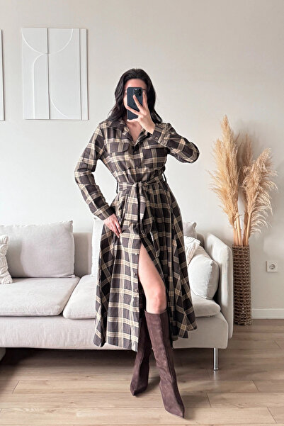 MOZENA Plaid Patterned Belted Shirt Dress