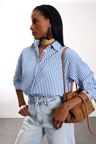 5in1Canpolat Blue Love Embroidered Striped Shirt 18109