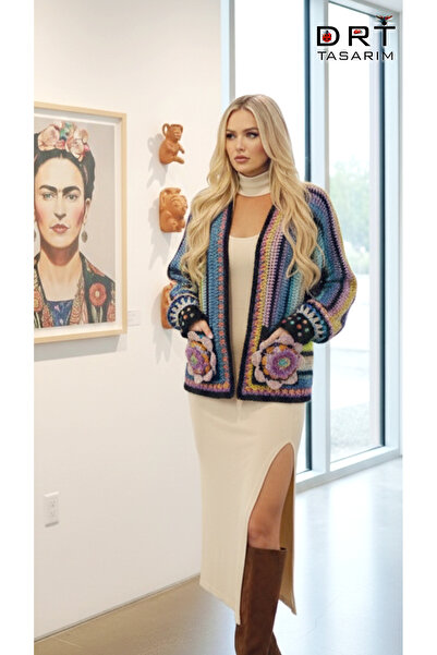 drt tasarım Frida Multi-Colored Women's Winter Cardigan with Pockets