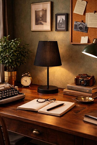 BİAVİZE Black Fabric Headboard with Chrome Lampshade