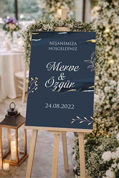Reysa Tasarım Mavi Gold Detay Çiçekli Düğün, Nişan ve Söz Karşılama Panosu – ...