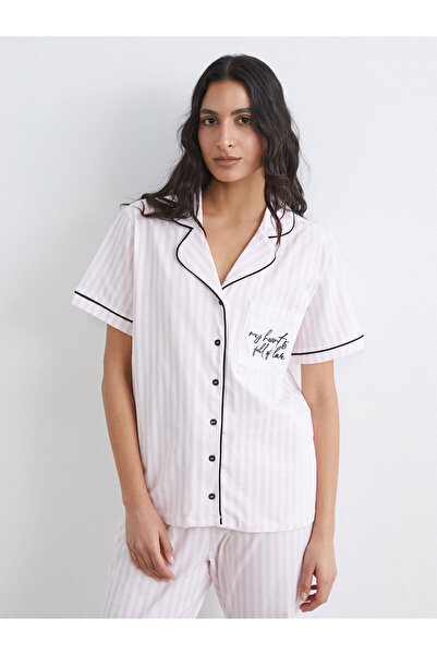 LC Waikiki Meral Collection Ecru Shirt Collar Striped Women's Pajama Set