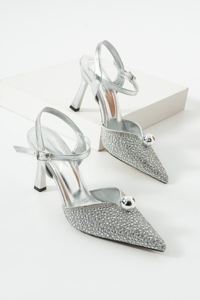 diclepolat Women's Silver Stone Evening Dress Shoes Pointed Toe Ankle Strap T...