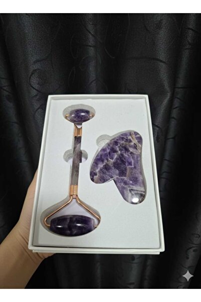 güleçdoğaltaş Doğal Ametist Taşı Gua Sha ve Jade Roller Yüz Masaj Seti