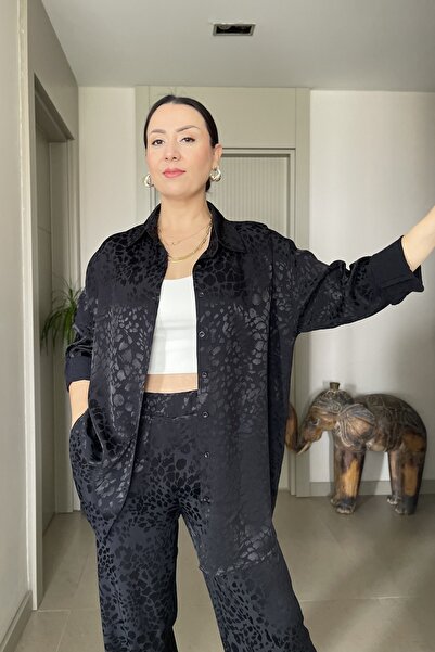 Butik Didem Sakinci Leopard Patterned Satin Shirt Pants Tiril Set