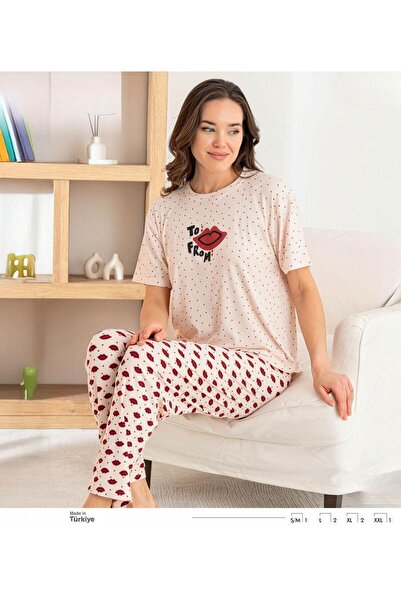 İpek Women's Short Sleeve Crew Neck Heart-Kiss Pattern Modal Ribbed Pajama Set