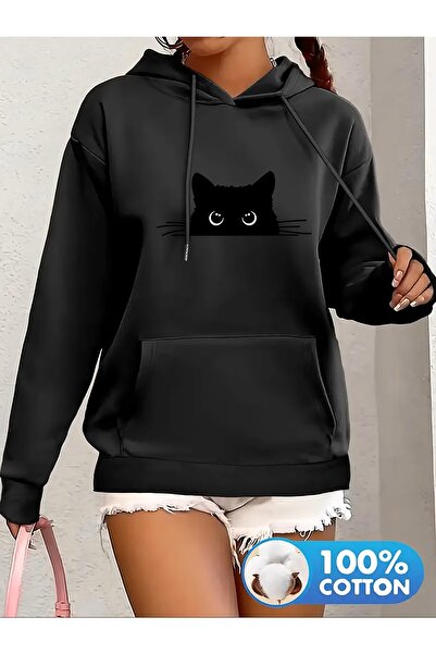 PARUNIV Women's sweatshirt Curious Mustache Cat, with hood and drawstring, ev...