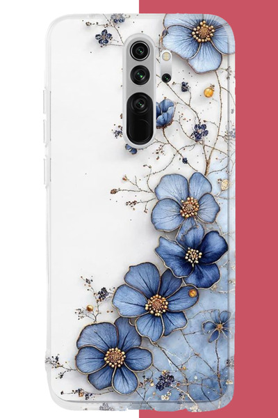 Aksesuarist Redmi Note 8 Pro Uyumlu mavi çiçek UV Baskılı Silikon Kılıf