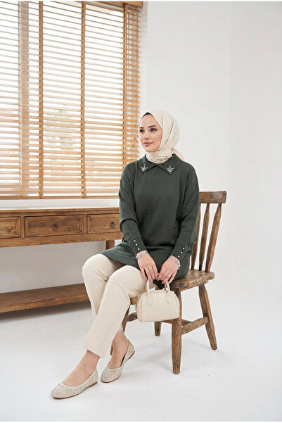 Kirazca Butik Women's Mercerized Collar Stone-Cuffed Sleeve Detail Knitwear T...