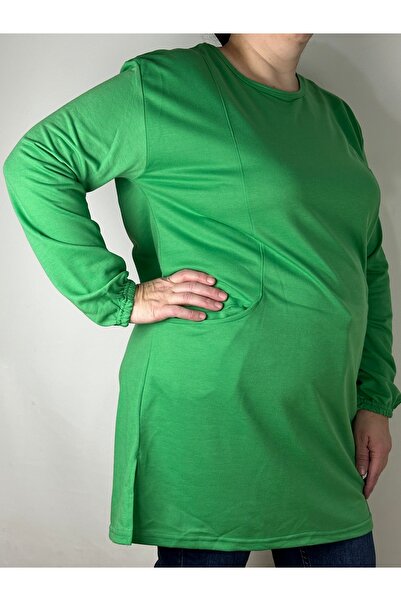 YAŞAR TRİKO Women's Green Long Sleeve Elastic Cuff Crew Neck Slit Double Pock...