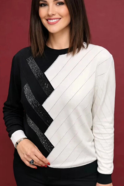 Bİ.GİYSEN Women's Black Crew Neck Cashmere Knit Sweater with Verev Stones on ...