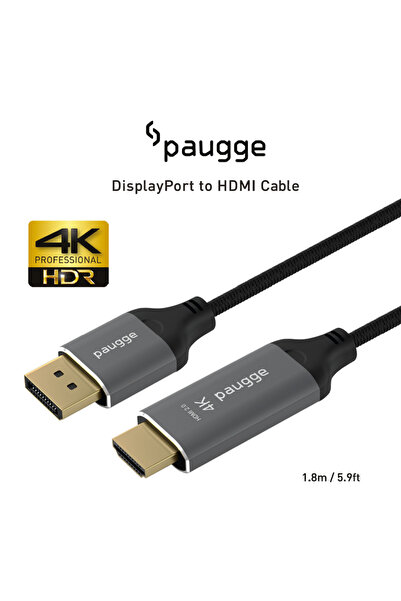 Paugge Displayport to HDMI Active Cable - 4K 60Hz, Hdr, 1.8 Meters