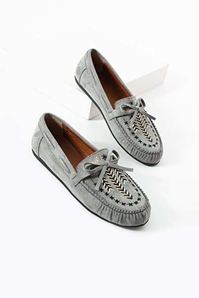 diclepolat Women's Gray Suede Embroidered Ballerinas Soft Sole Casual Shoes R...