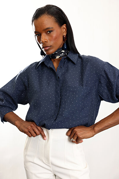 5in1Canpolat Navy Blue Stone Detailed Tencel Shirt 18126