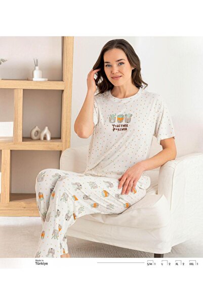 İpek Women's Short Sleeve Crew Neck Polka Dot-Puffer Pattern Modal Ribbed Paj...