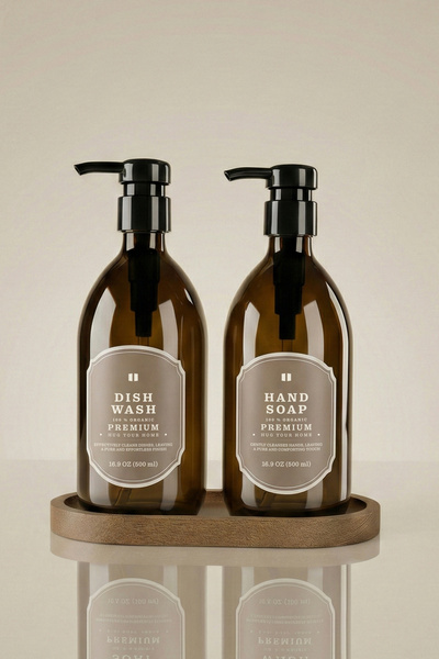 Kloppenhug Ahşap Stantlı 2’li Amber Sabunluk Seti 500 ml - Mutfak Deterjanlık...