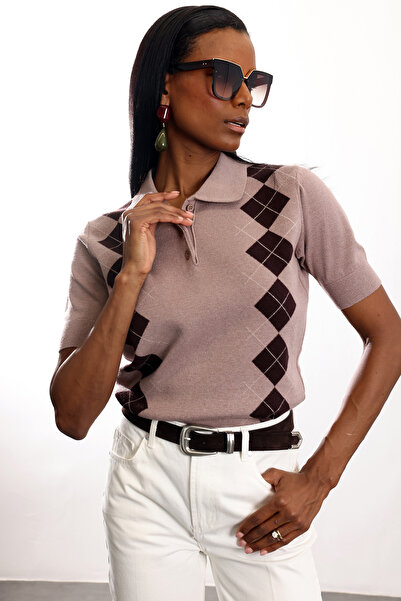 5in1Canpolat Mink Baklava Patterned Polo Collar Knitwear