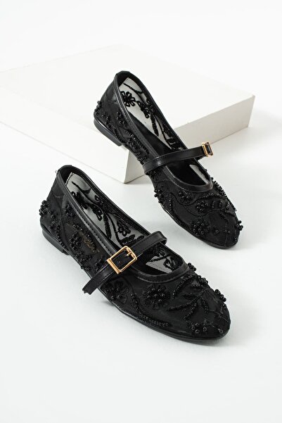 diclepolat Balerini din dantelă neagră pentru femei, cu broderie cu mărgele, ...