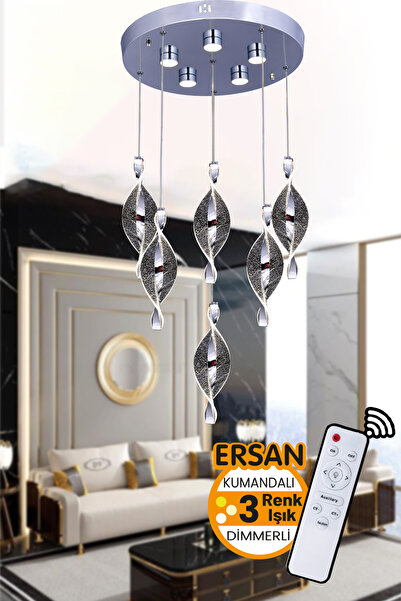 Ersan Luna 6'li Krom Kumandalı 3 Renk Işık Özellikli Dimmerli Modern Sarkıt L...