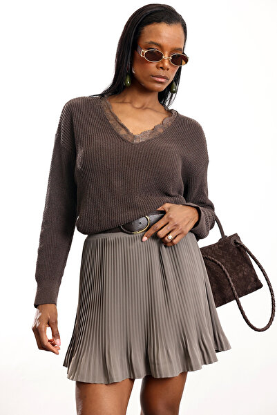 5in1Canpolat Brown Lace Detailed Knitwear Sweater Tk261018