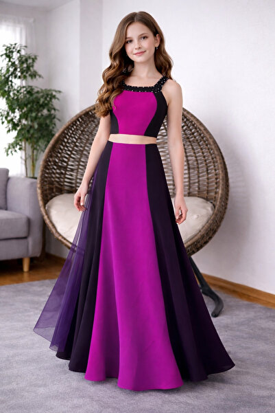 MODA NUR Koyu Mor Kız Çocuk Abiye Elbise