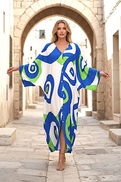 MODANI SEÇ Green Patterned Oversize Long Shirt Dress with Eye Printed Back Po...