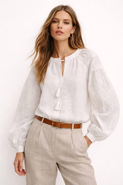 auzou eveil Kadın beyaz keten bluz new model