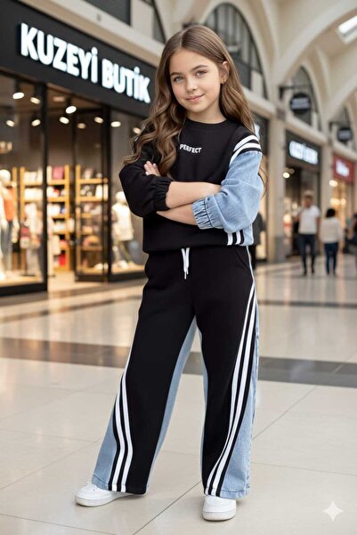 Kuzeyi Butik Denim Garni̇li̇-Children's Festive Black Jeans Set-Perfect Embro...