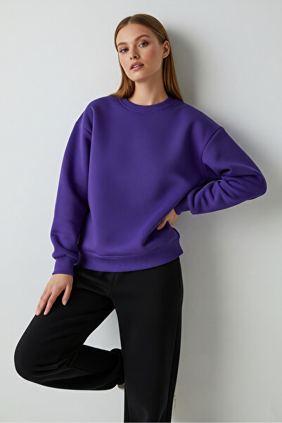 milidia Women's Oversize Crew Neck Basic Sweatshirt Purple