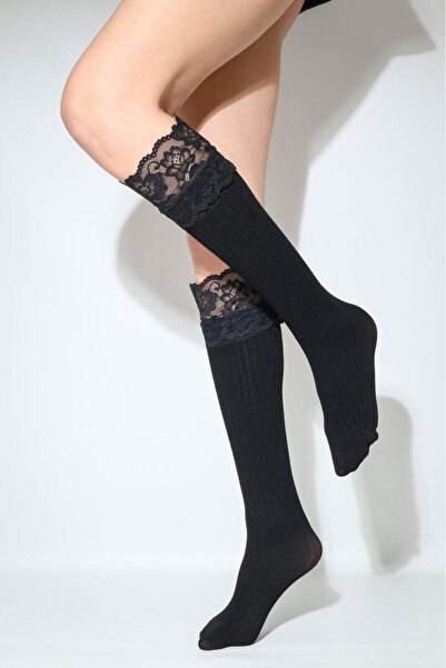 harmony factory Черни дантелени непрозрачни чорапи до коляното за жени в готи...