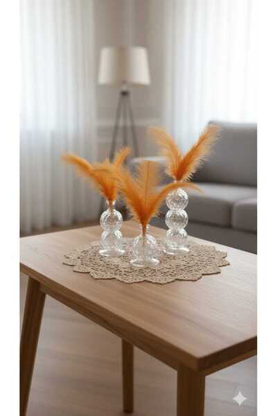 defnem home Dekoratif Kristal Tüylü 3'lü Biblo, Turuncu Renk Biblo Seti