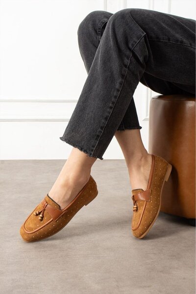 Slipcat Kadın Taşlı Püsküllü Taş Detaylı Babet Günlük Ayakkabı