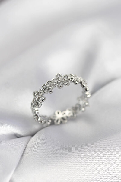 shopwave Silver Color Row Flower Model Zircon Stone Women's Ring