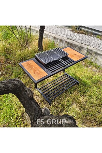 FSHOME FS GRUP | Katlanır Mangal Masası – Ahşap Yan Sehpalı Profesyonel Barbe...