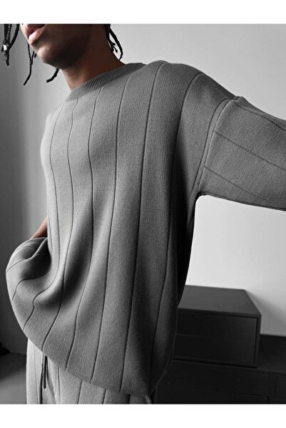 elkumoda Men's Half Oversize Knitwear Shorts T-Shirt Set Striped Knitted Crew...