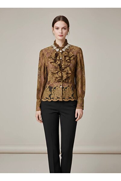 Rabiossa Kadın Vintage Esintili İnci Düğmeli ve Taşlı Kahve Dantel Gömlek