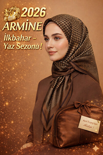 Armine %100 Sura Pure Silk Brown Colored Scarf 90X90 New Season 2026 Spring S...