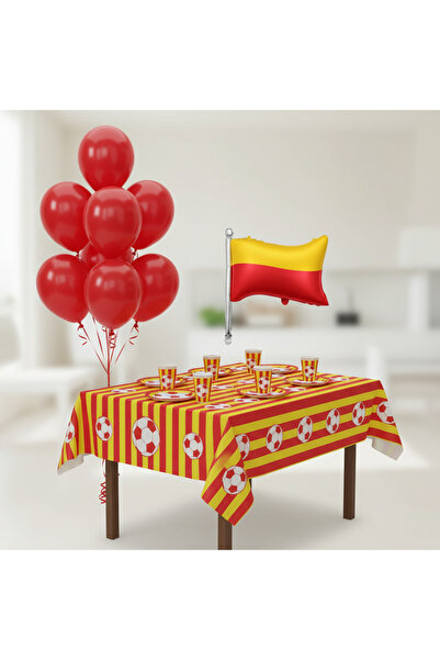 Umamiçe Yellow Red Party Set – 10 Red Balloons + 8 Plates + Cups + Foil Ballo...