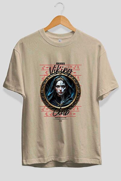 Ankhises Tricou Viking Mythology 10, imprimat în față, bej, supradimensionat,...