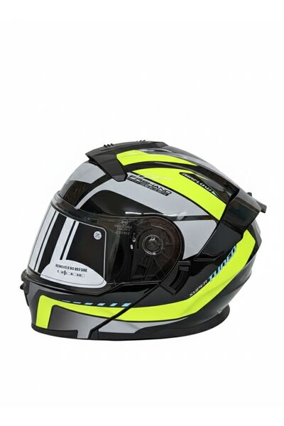 Casque Neon Sarı Gri Grafik Desenli Çene Açılır Motosiklet Kaskı Ece Belgeli