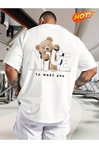 Rayan & Hoor Style Tricou din bumbac oversize cu imprimeu NICE și decolteu ti...