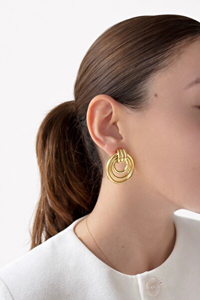 Ressia 14 K Gold Model Halka İç İçe Plaka Detay Vintage Küpe