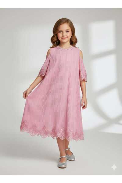 gmax Girls' dress with vertical pleats and lace trim