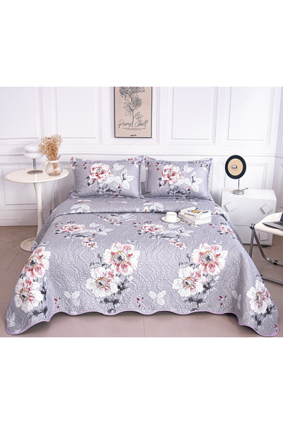 FIONNA.RO Double-Sided Quilted Cotton Blanket - Flowers on a Silver Background