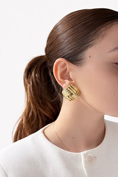 Ressia 14 K Gold Kare Plaka Tasarım Model Küpe