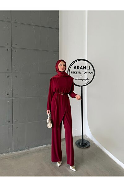 Aranlı tekstil Asimetrik Parçalı Kuşaklı Sandy İkili Takım