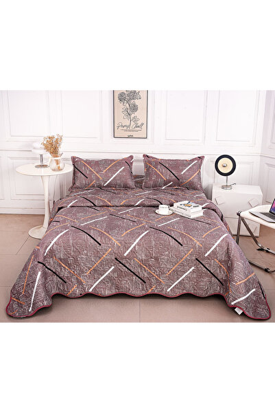 FIONNA.RO Double-Sided Quilted Cotton Blanket - Brick Brown With Fine Lines